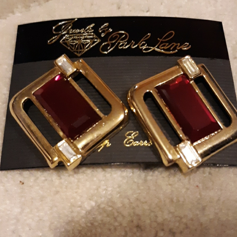 "PARK LANE" VINTAGE RED & RHINESTONE CLIP EARRINGS